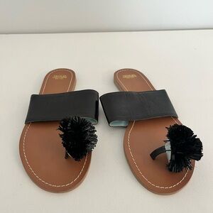 Frances Valentine Black Leather Sandals with Pom Poms